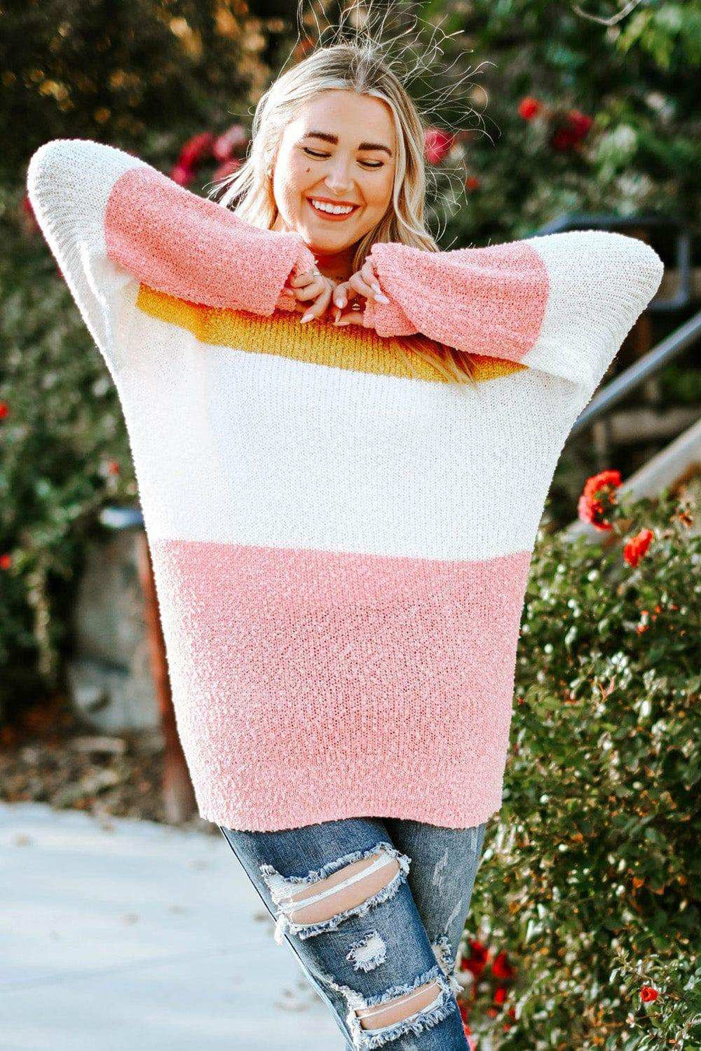 Plus Size Color Block Round Neck Sweater - Trendsi - Flyclothing LLC