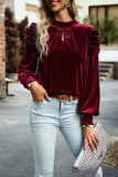 Tie Up Mock Neck Velvet Fabric Long Sleeve Blouse - Trendsi - Flyclothing LLC