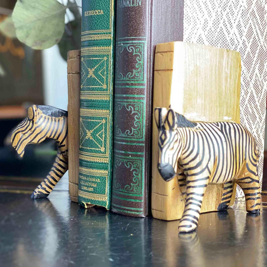 Carved Wood Zebra Book Ends, Set of 2 - Jedando