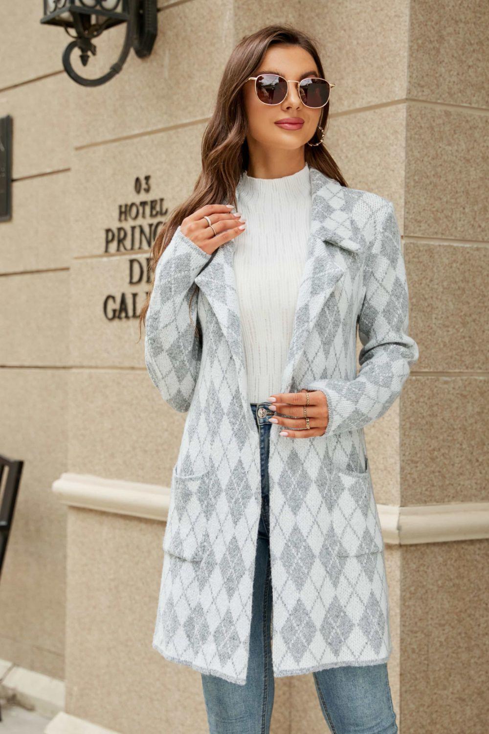 Printed Open Front Lapel Collar Cardigan with Pockets - Flyclothing LLC