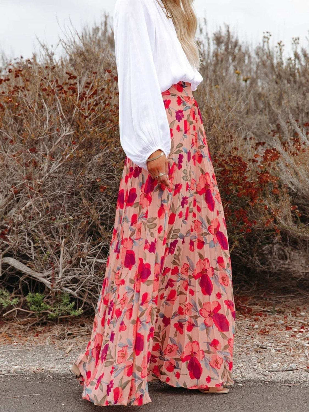 Printed Elastic Waist Pleated Maxi Skirt - Trendsi - Flyclothing LLC