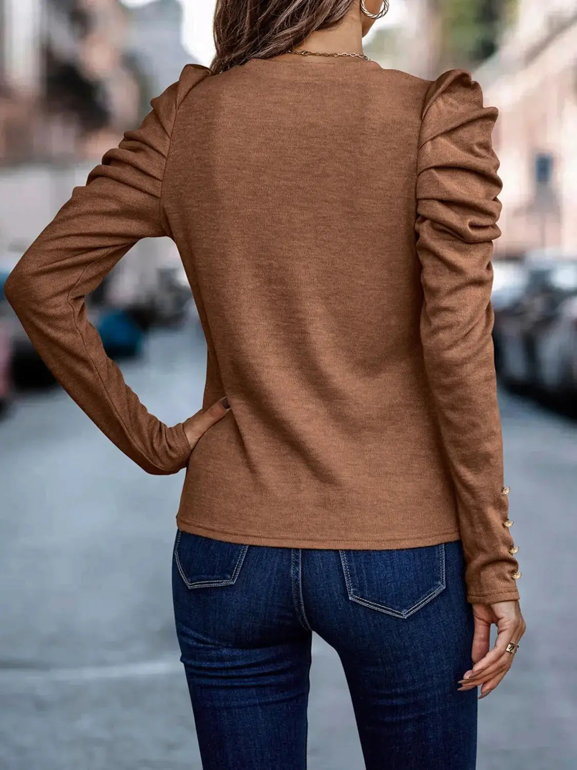 Decorative Button Puff Sleeve T-Shirt - Trendsi - Flyclothing LLC