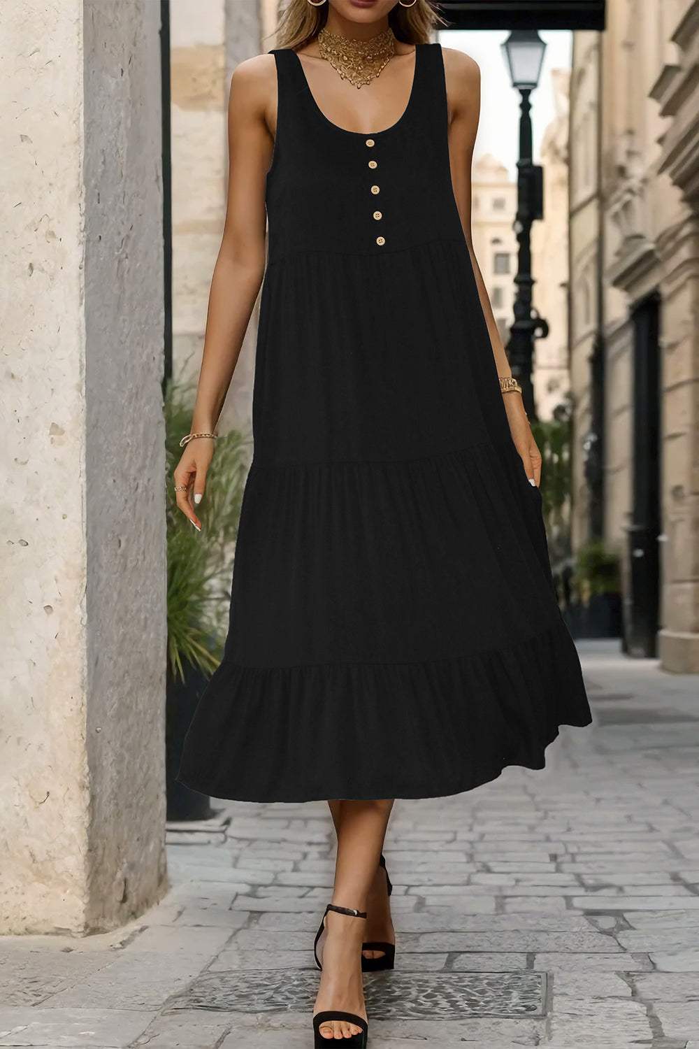 Decorative Button Tiered Tank Dress - Trendsi - Flyclothing LLC