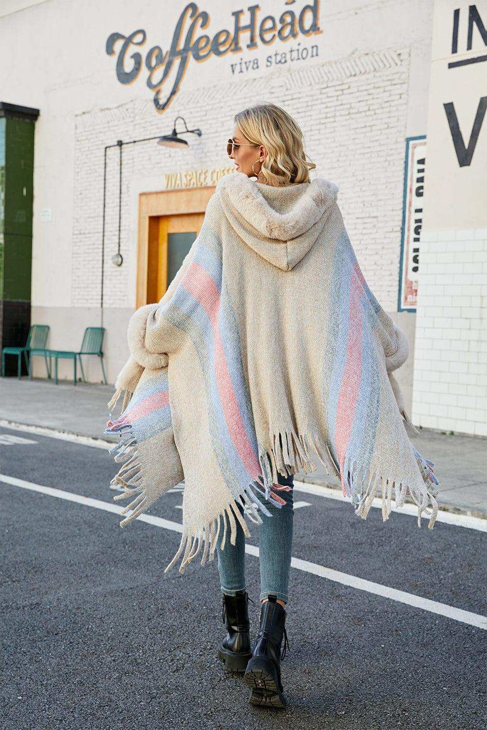 Color Block Fringe Detail Poncho - Trendsi - Flyclothing LLC