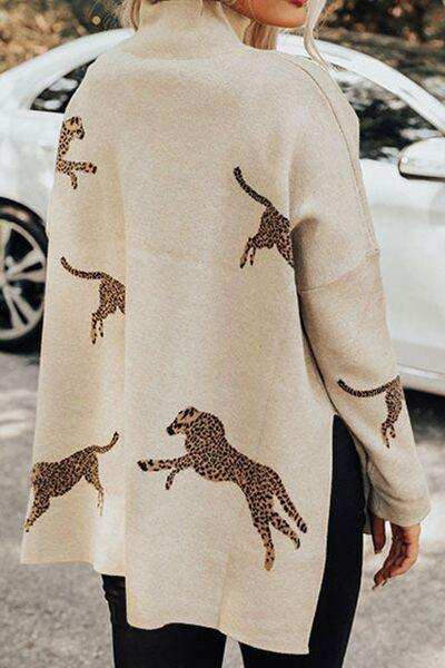 Animal Pattern Mock Neck Long Sleeve Slit Sweater - Trendsi - Flyclothing LLC