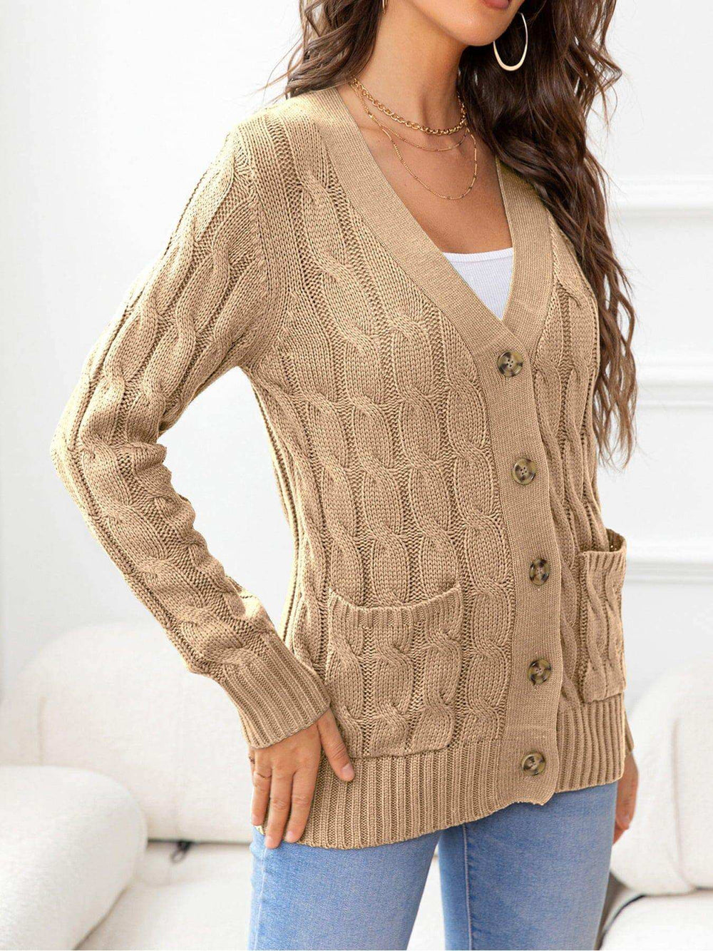 Button Down Cable-Knit Cardigan - Trendsi - Flyclothing LLC