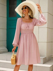 Off-Shoulder Balloon Sleeve Smocked Dress - Trendsi