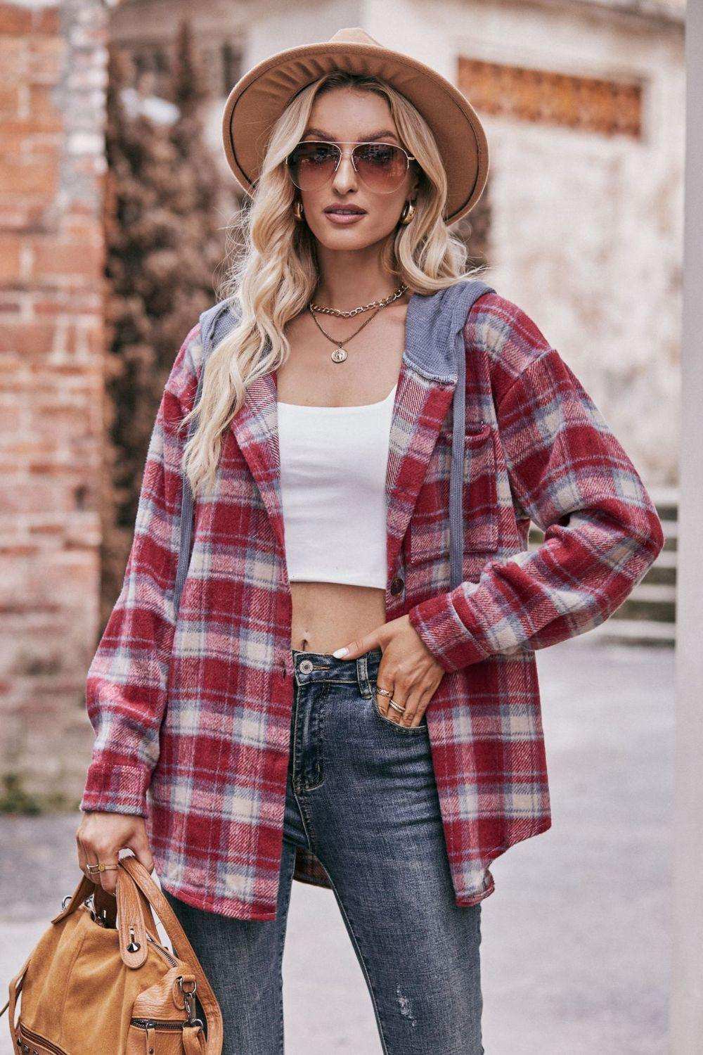 Plaid Dropped Shoulder Hooded Longline Jacket - Trendsi - Flyclothing LLC