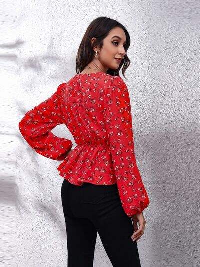 Floral V-Neck Balloon Sleeve Peplum Blouse - Trendsi - Flyclothing LLC
