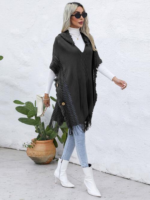 Fringe Trim Buttoned Hooded Poncho - Trendsi