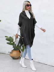 Fringe Trim Buttoned Hooded Poncho - Trendsi