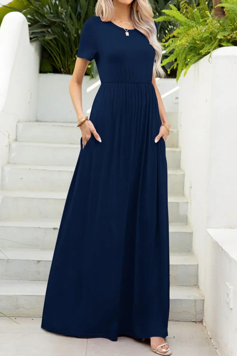Round Neck Maxi Tee Dress with Pockets - Trendsi - Flyclothing LLC