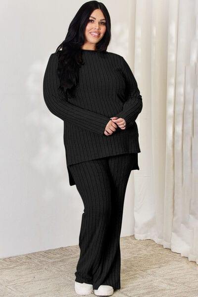 Basic Bae Full Size Ribbed High-Low Top and Wide Leg Pants Set - Trendsi