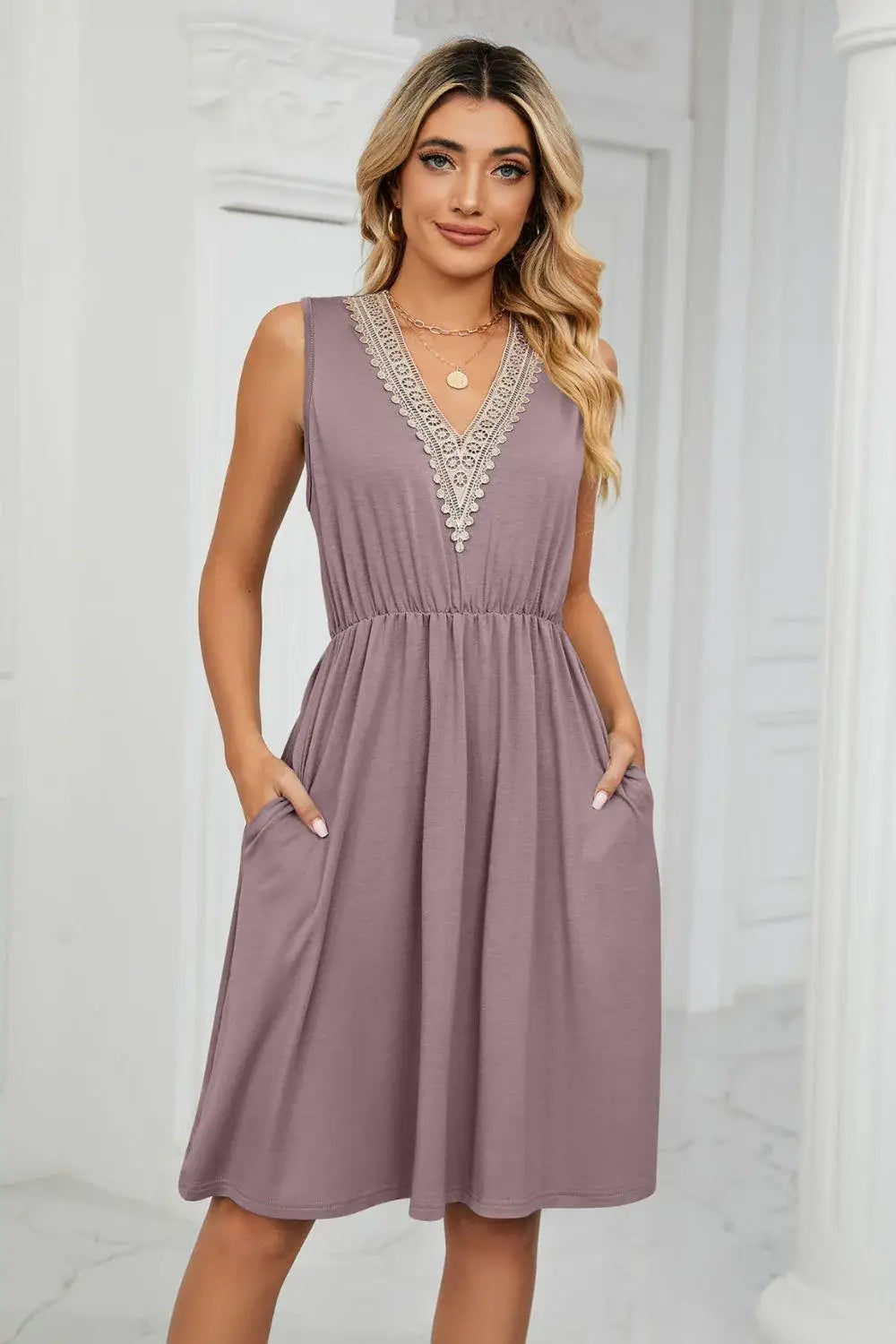 Contrast V-Neck Sleeveless Dress - Trendsi - Flyclothing LLC