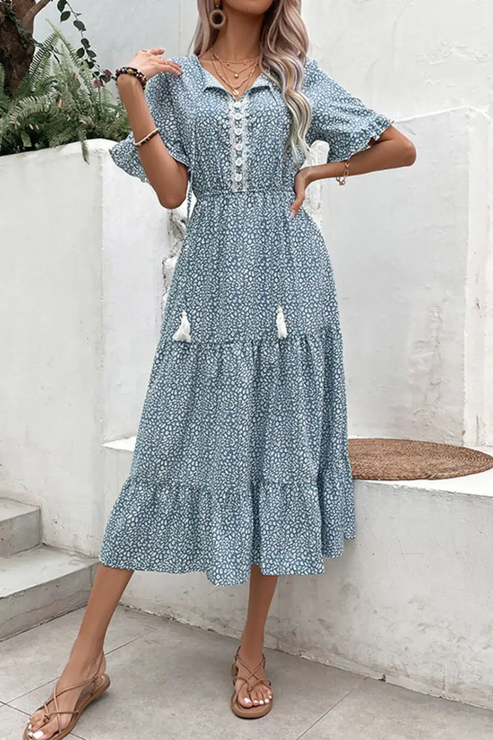 Printed Tassel Tie Flounce Sleeve Dress - Trendsi - Flyclothing LLC