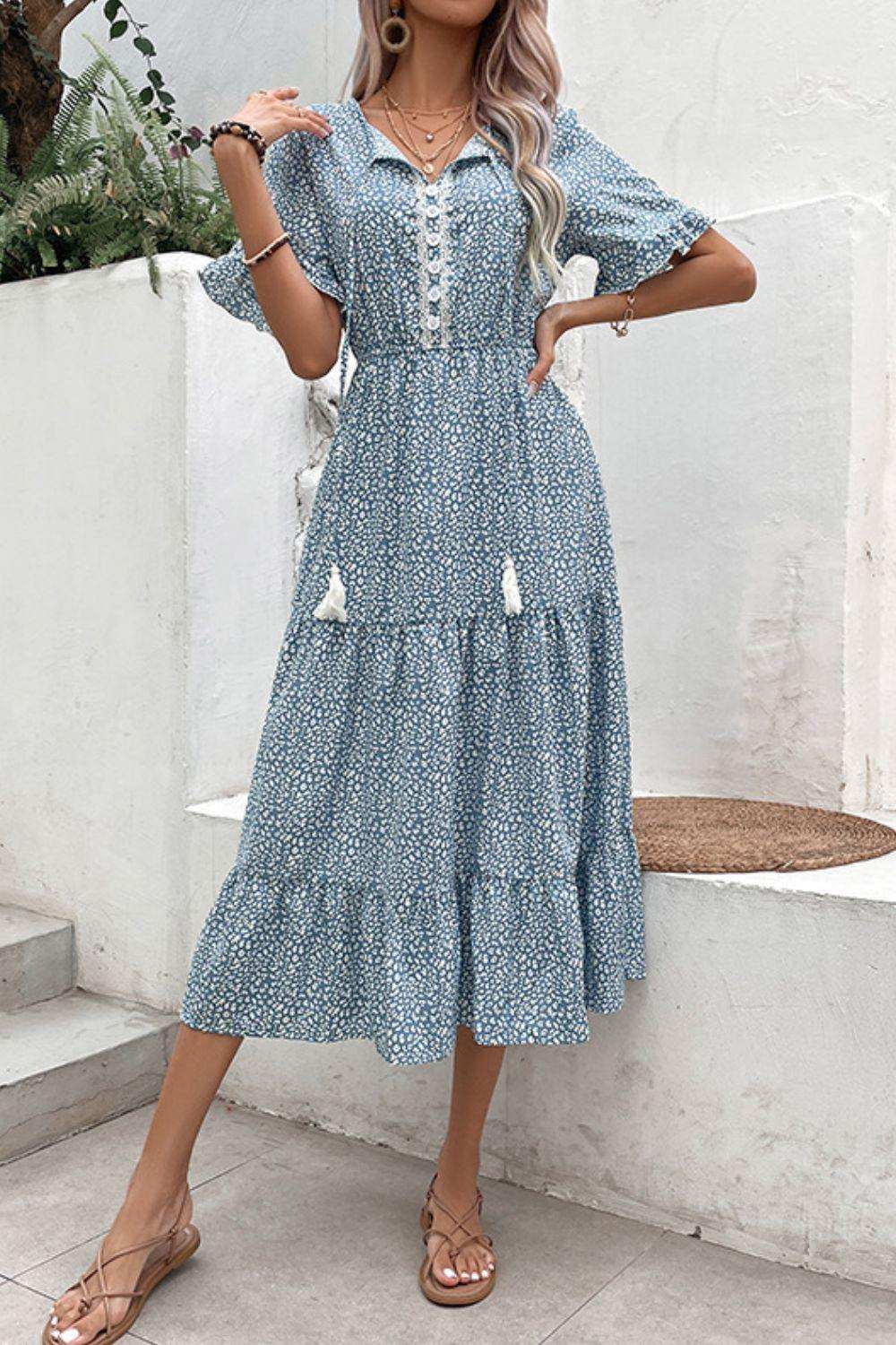Printed Tassel Tie Flounce Sleeve Dress - Trendsi - Flyclothing LLC