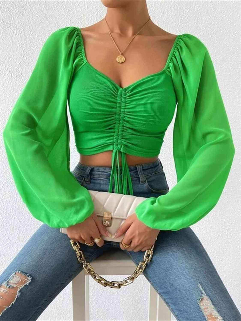 Drawstring Sweetheart Neck Cropped Top - Trendsi - Flyclothing LLC