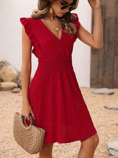 Smocked Ruffled Surplice Mini Dress - Trendsi - Flyclothing LLC