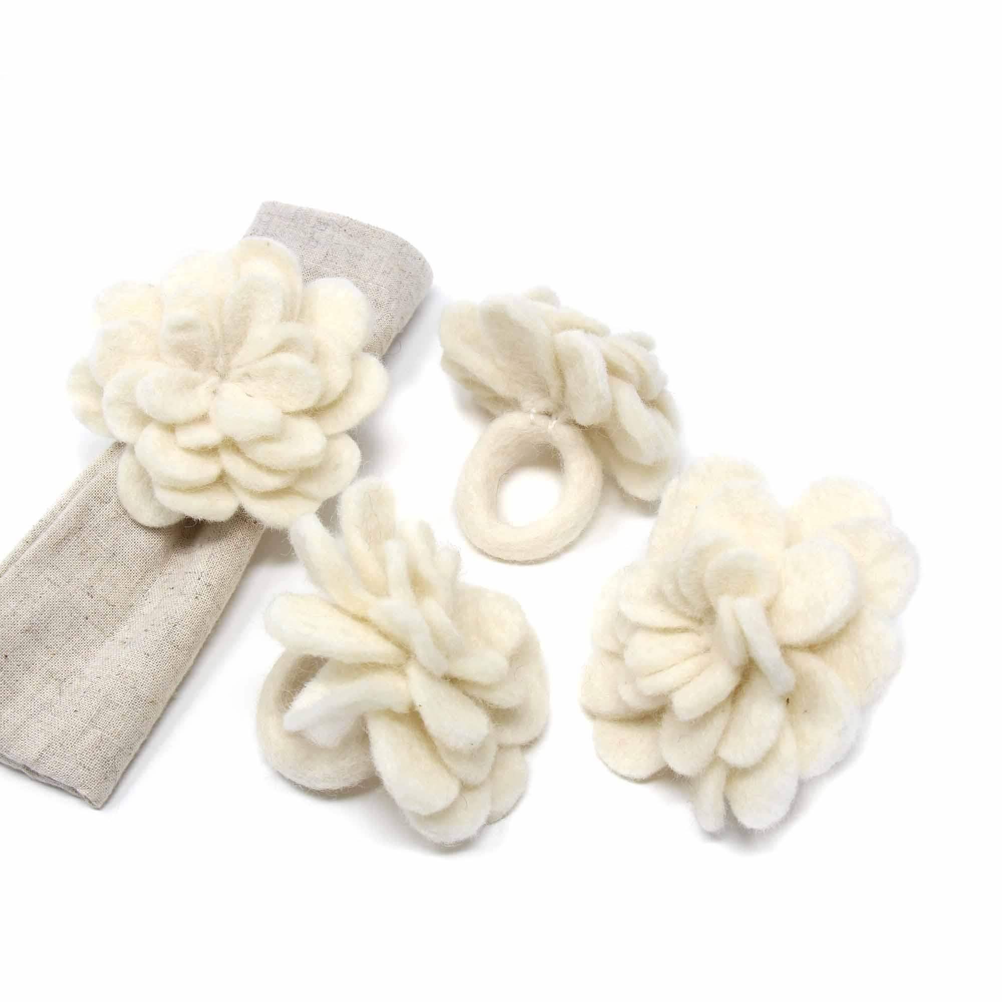 Set of 4 Felt Napkin Rings, Cream Zinnias - Global Groove Direct - Flyclothing LLC