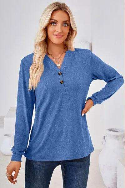 Notched Button Detail Long Sleeve T-Shirt - Trendsi - Flyclothing LLC