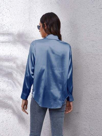 Button Up Collared Neck Long Sleeve Shirt - Trendsi - Flyclothing LLC