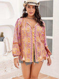 Plus Size Tie Neck Tassel Printed Blouse - Trendsi - Flyclothing LLC