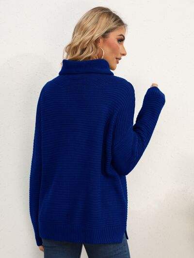 Slit Turtleneck Dropped Shoulder Sweater - Trendsi - Flyclothing LLC