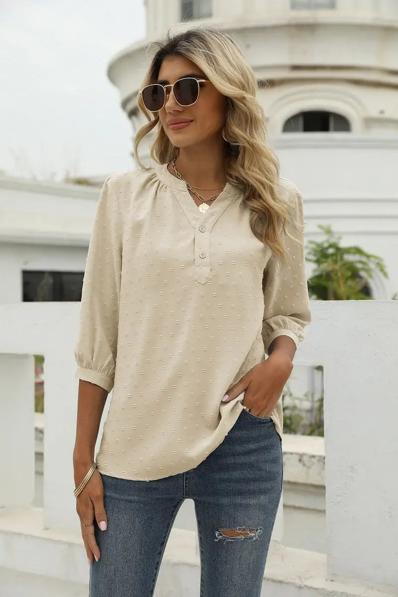 Swiss Dot Notched Neck Three-Quarter Sleeve Blouse - Trendsi - Flyclothing LLC