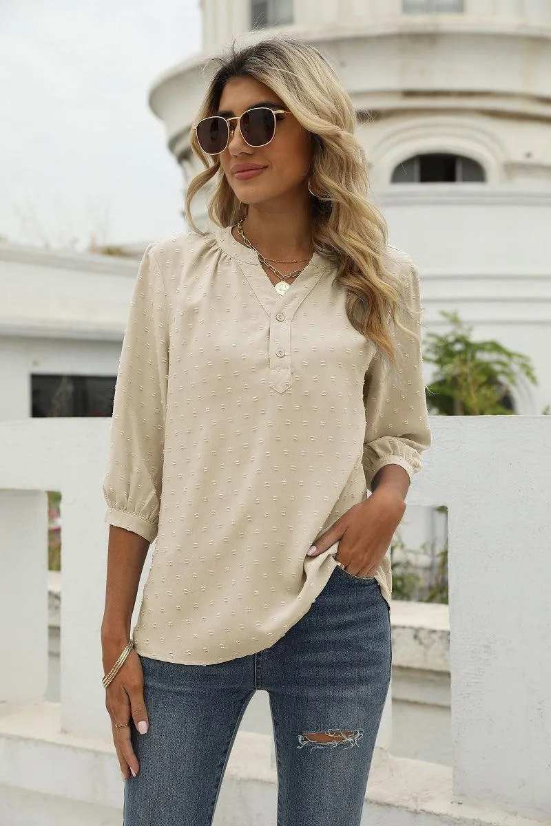 Swiss Dot Notched Neck Three-Quarter Sleeve Blouse - Trendsi - Flyclothing LLC