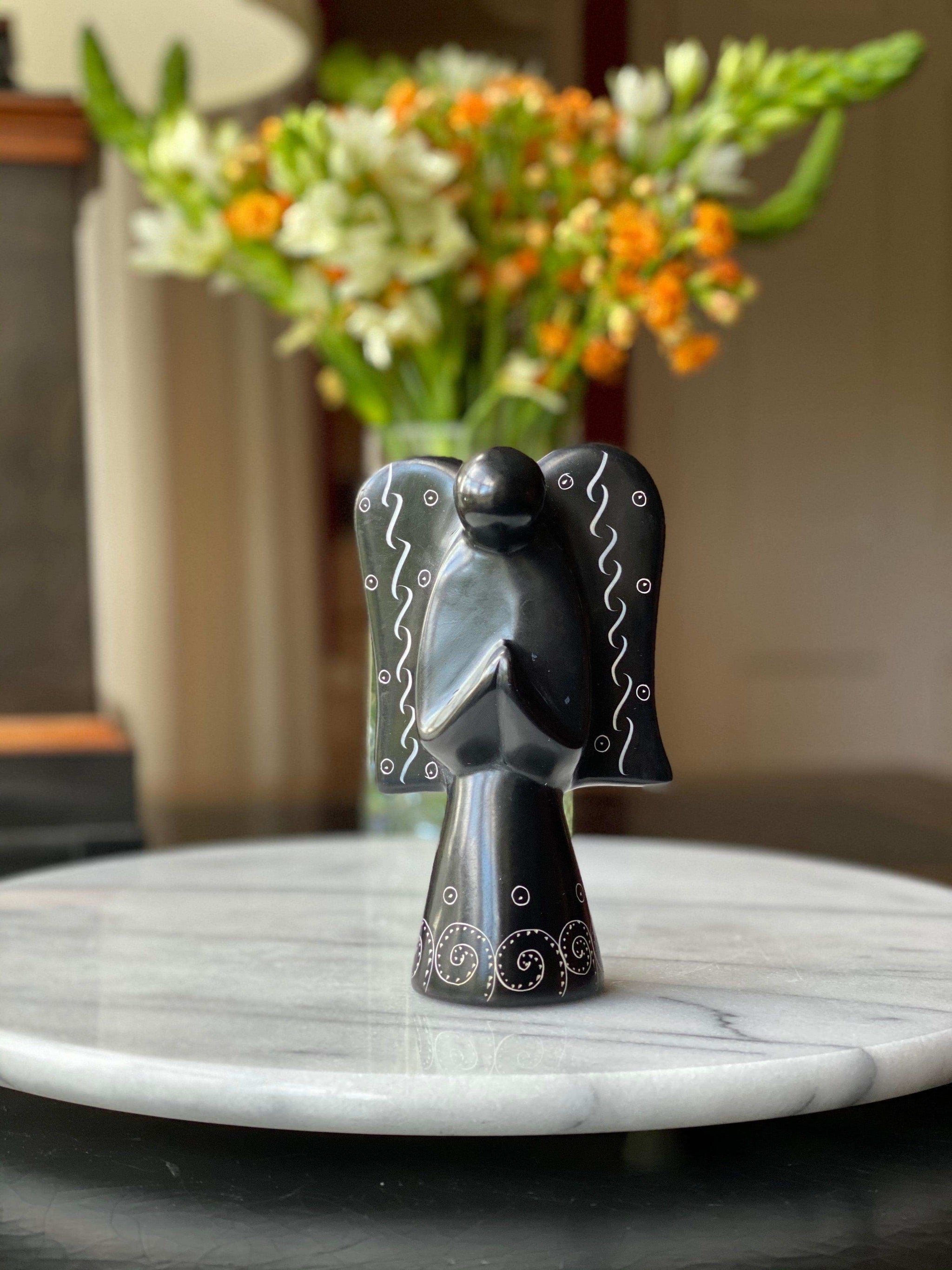 Soapstone Angel Sculpture - Black Finish with Etch Design - SMOLArt - Flyclothing LLC