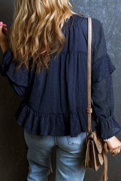 Swiss Dot Tie Neck Flounce Sleeve Blouse - Trendsi - Flyclothing LLC