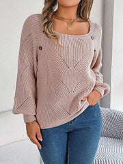 Openwork Buttoned Square Neck Sweater - Trendsi