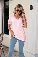 Eyelet Flounce Sleeve Scalloped V-Neck Top - Trendsi - Flyclothing LLC