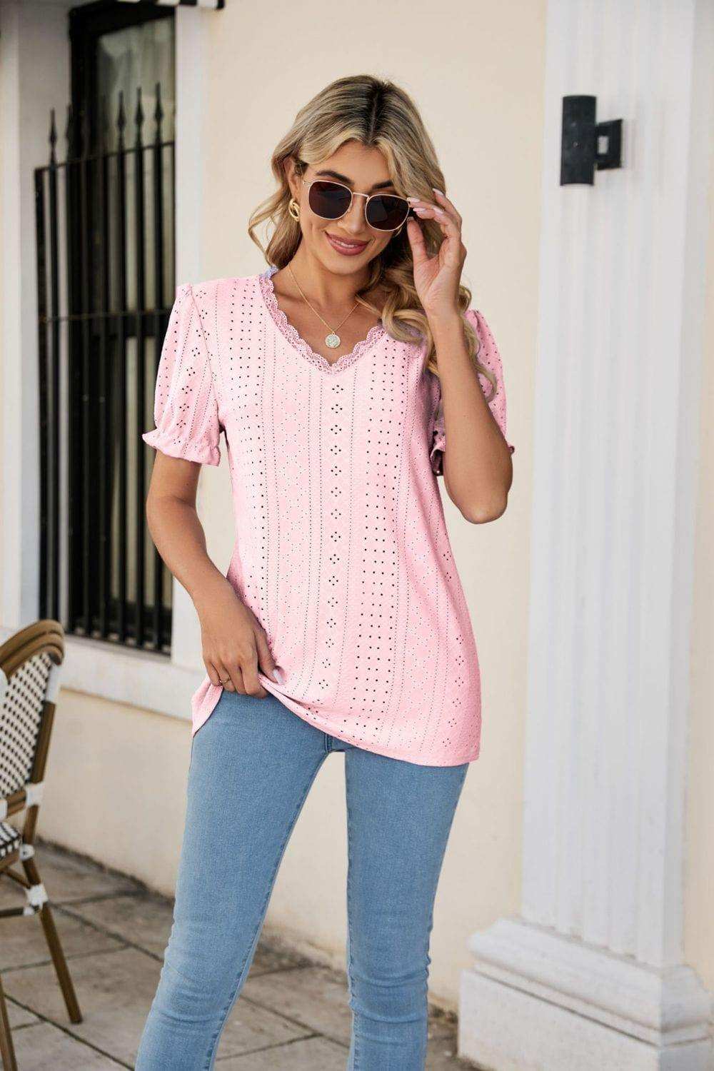 Eyelet Flounce Sleeve Scalloped V-Neck Top - Trendsi - Flyclothing LLC