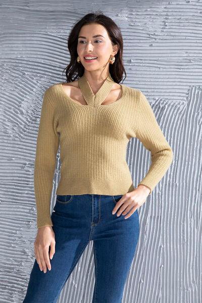 Halter Neck Long Sleeve Sweater - Trendsi