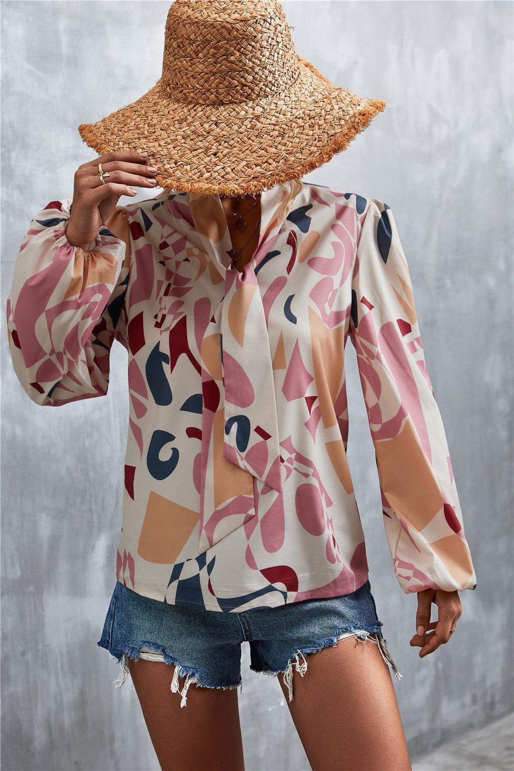 Printed Tie Neck Puff Sleeve Blouse - Trendsi - Flyclothing LLC