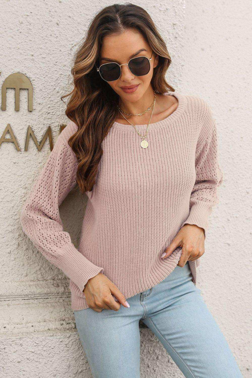 Ribbed Openwork Sleeve Round Neck Pullover Sweater - Trendsi