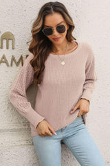 Ribbed Openwork Sleeve Round Neck Pullover Sweater - Trendsi
