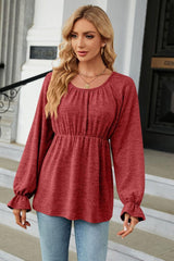 Round Neck Flounce Sleeve Blouse - Trendsi
