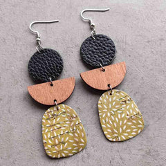 Leather & Wood Drop Earrings - Trendsi