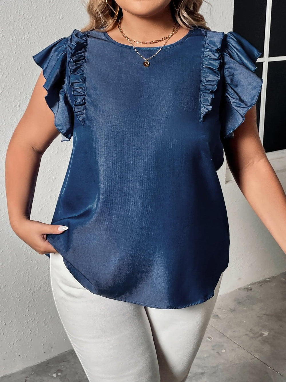 Plus Size Round Neck Flounce Sleeve Frill Trim Blouse - Trendsi