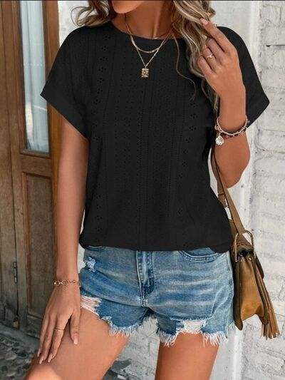 Eyelet Round Neck Short Sleeve T-Shirt - Trendsi - Flyclothing LLC