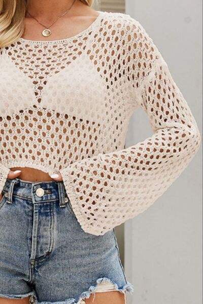 Openwork Round Neck Dropped Shoulder Knit Top - Trendsi - Flyclothing LLC