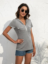 Half-Zip Short Sleeve Hooded Top - Trendsi - Flyclothing LLC