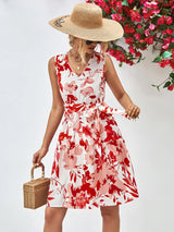 Floral V-Neck Tie Waist Sleeveless Dress - Trendsi - Flyclothing LLC