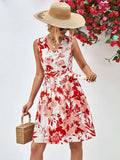 Floral V-Neck Tie Waist Sleeveless Dress - Trendsi - Flyclothing LLC