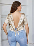 Plus Size Short Sleeve Tie Back Blouse - Trendsi - Flyclothing LLC
