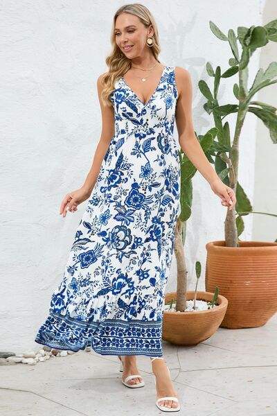 Printed V-Neck Wide Strap Dress - Trendsi - Flyclothing LLC