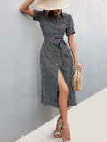 Printed Tie Waist Short Sleeve Shirt Dress - Trendsi - Flyclothing LLC