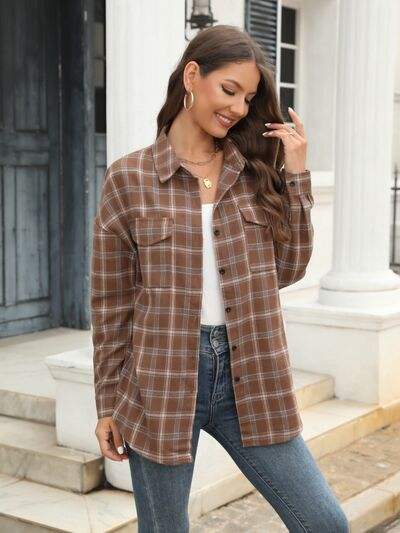 Plaid Button Up Pocketed Shirt - Trendsi - Flyclothing LLC